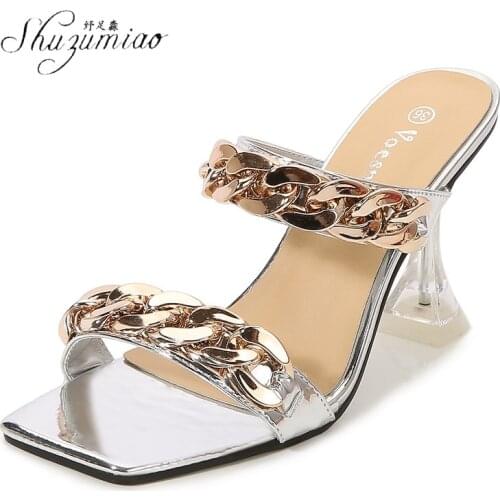 SHUZUMIAO 9CM Women High Heel Slippers Summer Sandals Fashion Chain Design Slip On Square Toe Slides Women Mules Party Pumps
