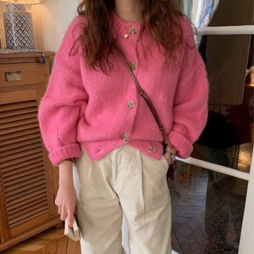 Rimocy Harajuku Slim Fit Cardigan for Women 2021 Autumn O-neck Button Pink Cardigans Woman Korean Solid Cropped Sweater Coats