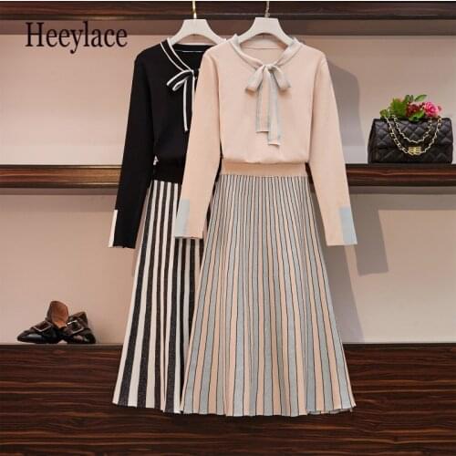 Plus Size 2020 Autumn Winter High Quality Women 2 Piece Set Knitting Bow Long Sleeve Pullover Sweater+Shining A-line Skirt Suits