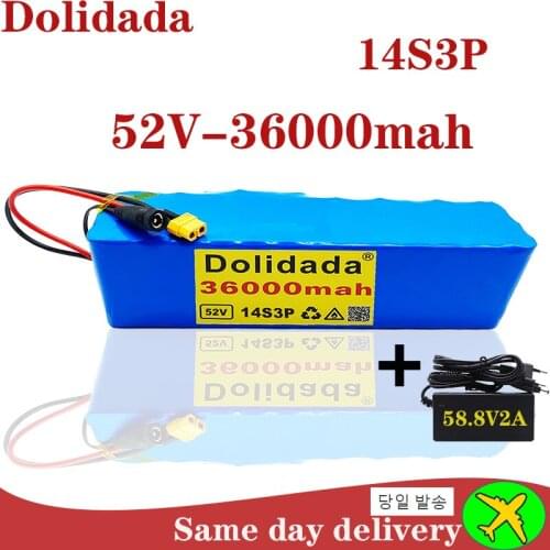 18650 52V 36000mah14S3P Lithium Battery Pack 52V 36AH 2000W electric bicycle battery Built in 20A BMS XT60+58.8V 2A charger