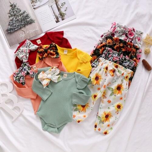 2020 Autumn Casual Infant Baby Girl Clothing Knited Ruffle Long Sleeve Romper Sunflower Floral Print Long Pants Headband 3pcs