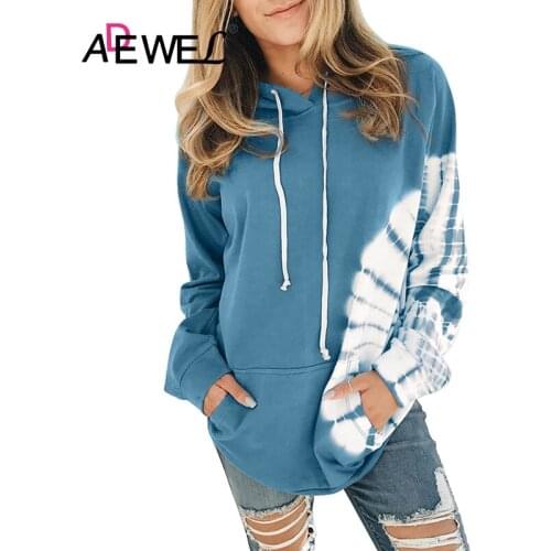 ADEWEL Womens Blue Oversized Pocket Front Print Sweatshirt Drawstring Hoodie Plus Size Sweatshirt Sudaderas Para Mujer 2XL