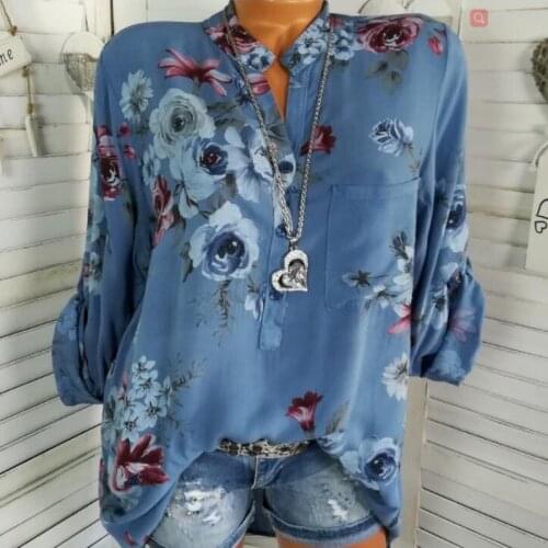 5XL Womens Blouses Plus Size Woman Tops Vintage Floral Print Long Sleeve Shirt Women Oversized V Neck Top Blusas Para Mujer