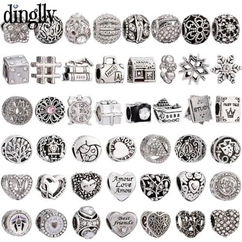 Dinglly Silver Color Round Big Hole Heart Beaded Charm Fit Diy Brands Bracelets Snowflake Dice Beads New Jewelry Accessory Gifts