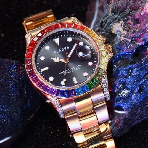 PLADEN Brand Mens Military Sport Watch Gold Rainbow Quartz Watches Waterproof Stainless Steel Micro Paved Luxury Men Watch