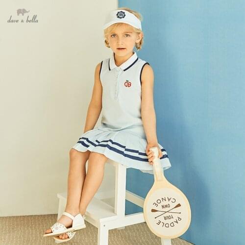 DKH17099 dave bella summer girls 5Y-13Y fashion cartoon solid draped dress children sweet dress kids infant lolita clothes