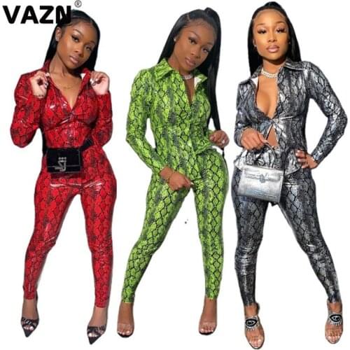VAZN 2020 Hot High-end Retro Sexy Soft Elastic High Street Full Sleeve Shirt Top Group Long Pants Slim Women 2 Piece Set