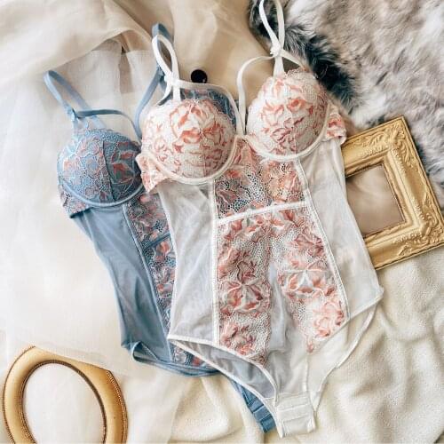 BCD Hollow Out Jumpsuits Adjustable Women Sexy Underwear Ladies Sleepwear Full Lace Floral Embroidery Thicken Female Intimates