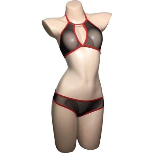 Sexy Lingerie Set Womens Red Trim Sheer Mesh Skinny Halter Bandeau Bra Top and Boy Shorts See-Through Bikini Erotic Underwear