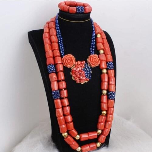 Dudo African Nature Coral Beads Jewelry Set Orange and Blue 3 Layers Choker and Long Jewellery Set For Nigerian Weddings 2019