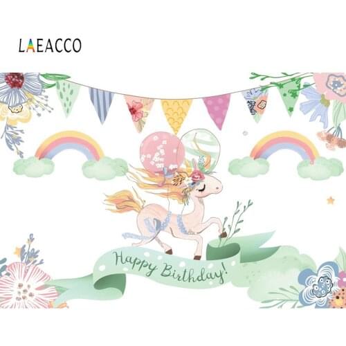 Laeacco Rainbow Unicorn Birthday Party Watercolor Flowers Banner Baby Child Photography Background Photo Backdrop Photo Studio