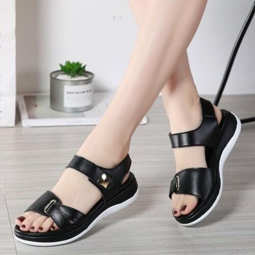 Summer Beach Sandals Genuine Leather Shoes Sandals Women Female Soft Hook Loop Korean Bling Ladies Mother Flats Plus Size 35-40