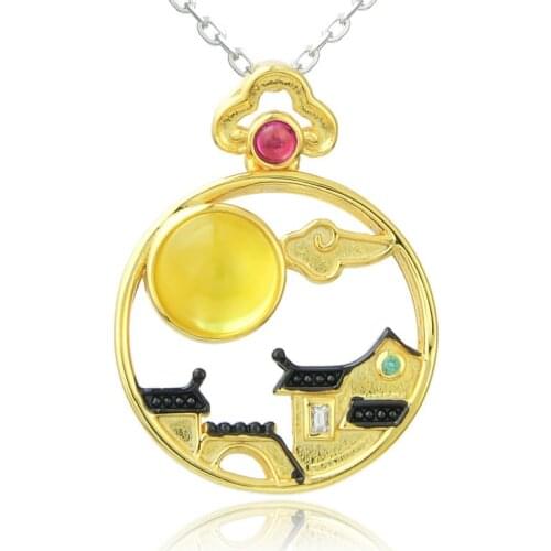 Natural Golden Prehnite Pendants 6mm Circular Classical Chinese style Auspicious clouds Ancient village Garden shaped Pendants