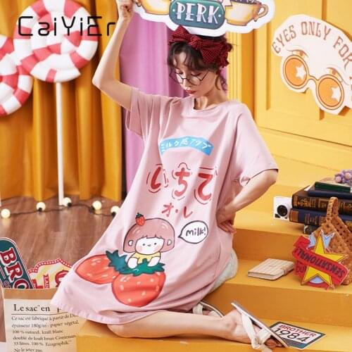 CAIYIER Night Dress Women Sleepwear Cute Cartoon Print Leisure Night Skirt Student Loose Comfortable Short Sleeve Sleeping Dress