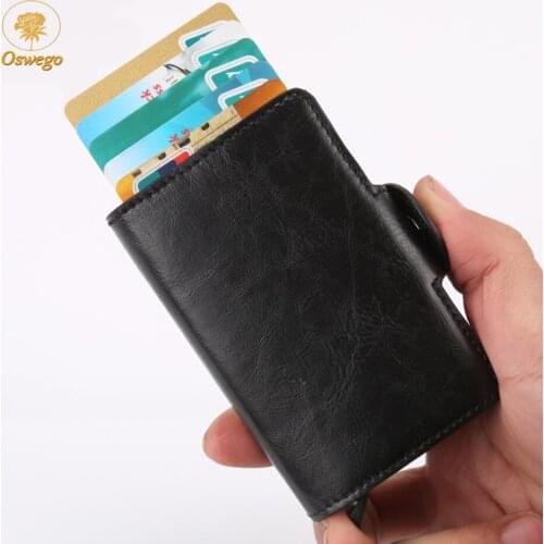 Oswego Fashion Credit Card Holder Aluminum Card Box Wallet Coin Purses Mini RFID PU Leathe Automatic Bank Card Case Slim Unisex