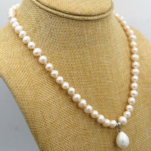 White Akoya Cultured Pearl & Shell Pearl Pendant Necklace 18"AA New 7-8mm