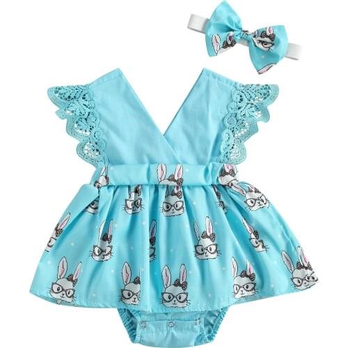 2021 Infant Newborn Baby Easter Outfits Lace Trim Fly Sleeve Jumpsuits Cute Rabbit Printing Stitching Romper and Headband