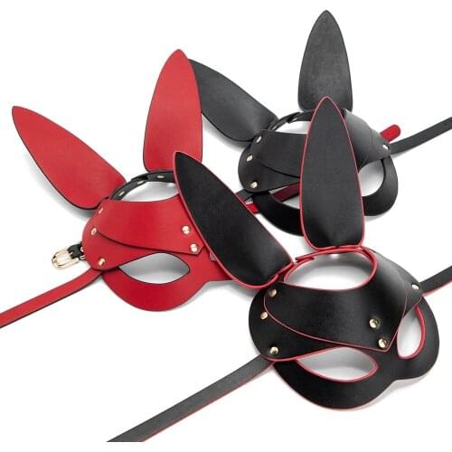 Sexy Cosplay PU Leather Rabbit Mask Long Ears Black BDSM Bondage Erotic Fetish Halloween Masquerade Costume Sex Toys for Couples