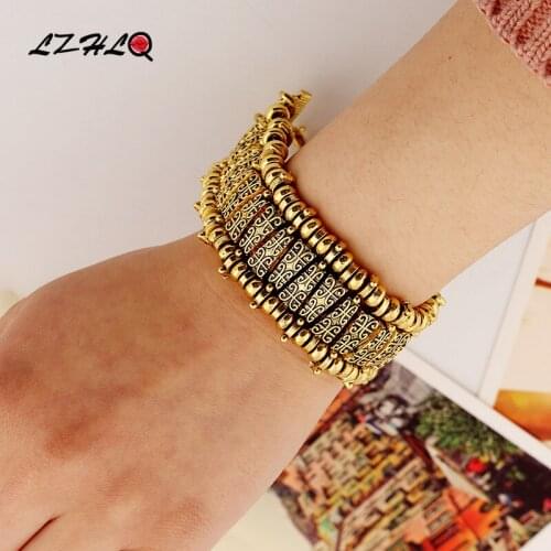 LZHLQ Vintage Carving Metal Alloy Bracelets Plated Bracelet Fashion Geometric Jewelry Statement Ethnic Chains Bangle Accessories