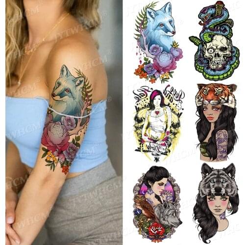Hot Wife Tattoo Sticker Fox Flower Bush Waterproof Flash Tatoo Falsa Body Transfer Art Half Arm Sleeve Tattos For Women Men Girl