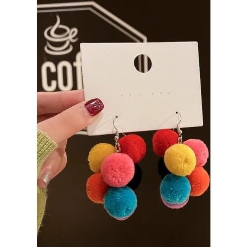 Colorful Pom Pom Women Dangle Earrings Puff Ball Fluffy Cute Earrings Ladies Pendientes Brincos XMAS Jewelry Fashion