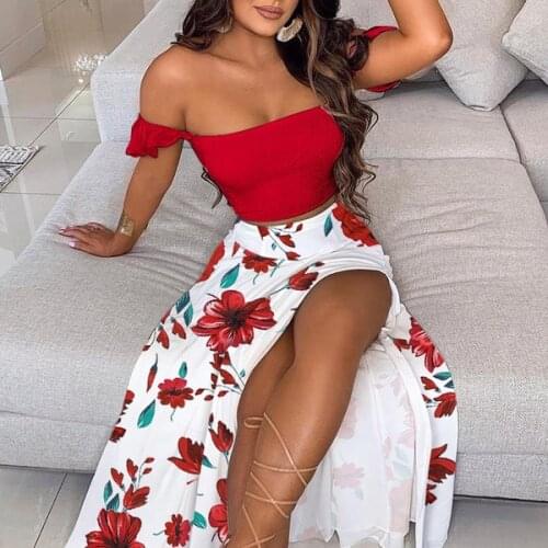 2021 Summer Dress Sets Women Two Pieces Sets Off Shoulder Cropped Top Amd Split Mini Skirt Suit Beach Holiday Long Party Dresses