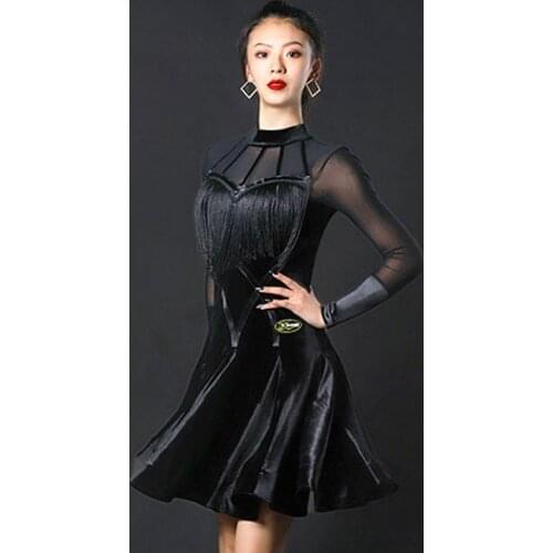 Fluttering Fringe Dress For Women Latin Dance Dress Black Long Sleeves Clothing New Competition Dresses Latin Rumba Party Outfit
