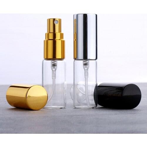 50Pcs/Lot 5ML Transparent Thin Glass Spray Bottle Sample Glass Vials Portable Mini Perfume Atomizer Gold Silver Cap