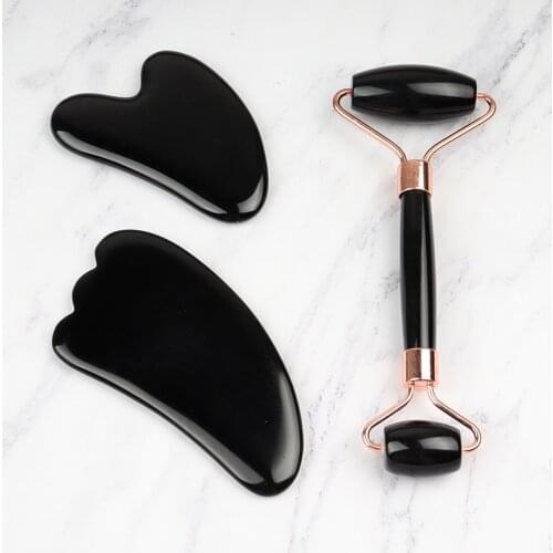 Black Obsidian Face Care Massage Tool Jade Roller Gua Sha Set Natural Crystal Massager Facial Body Neck Skin Beauty Products