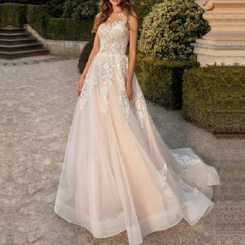 Elegant Lace Wedding Dress PLus size O neck sleeveless Vestidos de novia Bridal Dress A line Sexy backless Wedding Gowns