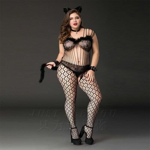Womens Plus-Size Role Play Sexy Enchanting Cat Girl Costumes 5 Piece/Set, Sexy Lace Mesh of Dance Cosplay Outfit