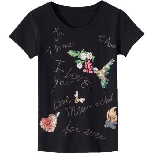 2020 Summer Women Fashion Slim O Neck Short Sleeve Rhinestone Beading Floral Printing T Shirt Tops