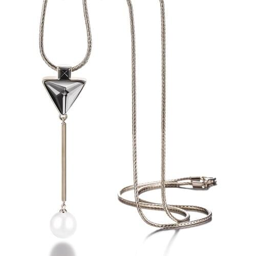 Fashion Women’s Geometric Triangle Pendant Neckalce Vintage Design Long Sweater Chain Rhinestone Necklace Pearl Jewelry Gift