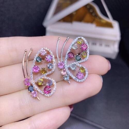 Natural multicolor tourmaline pendant S925 silver Natural gemstone Pendant Necklace trendy lovely butterfly women party jewelry