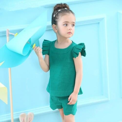 New Summer Girls' Fungus Flying Sleeve Top + Pure Color Shorts Two-piece Suit