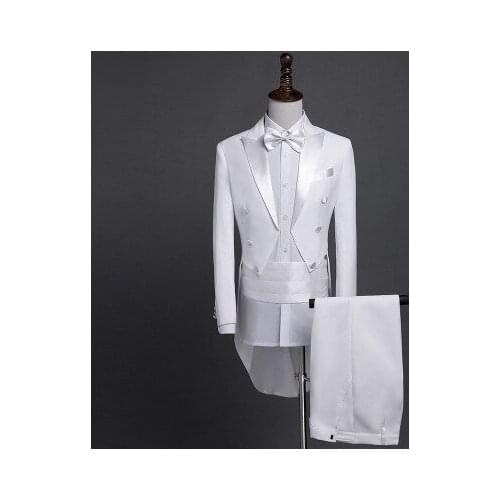 New Plus Size S-4XL Mens Classic Black White Shiny Lapel Tail Coat Tuxedo Wedding Groom Stage Singer Four Piece Suit