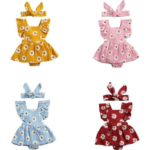 Newborn Baby Girls Daisy Flower Rompers Ruffles Sleeve One Piece Bodysuits with Headband Baby Summer Clothing 0-24M