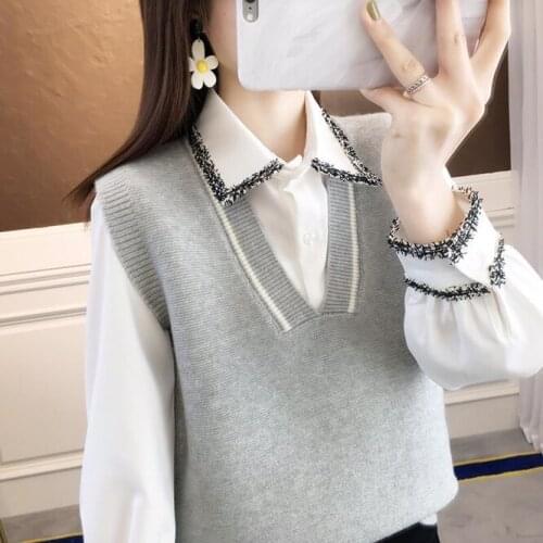 2021 Autumn Womens Knitted Vest Sweater Vest Loose Outside Simple Short Style To Show Thin Korean Girls' College Style Gray