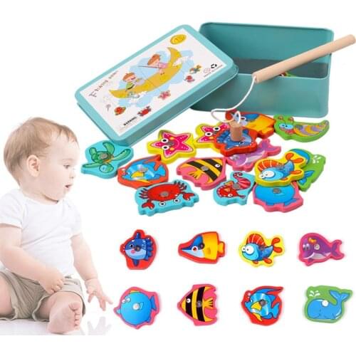 15Pcs Baby Toy Fish Wooden Magnetic Children Fishing Game Educational Toy Water Play Baby Fishing Rods Toy Set Iron Box