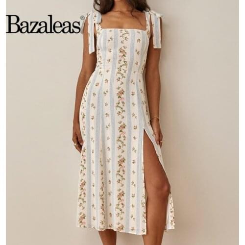 Bazaleas Chic Pink Floral Blue Stripe Patchwork Print Dress Retro Spaghetti Straps Vestidos Vintage Chiffon Midi Dress