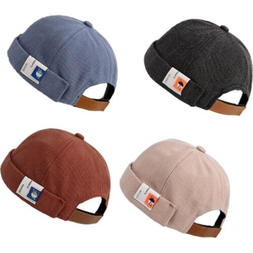 Unisex Vintage Solid Color Beanie Docker Cap Rolled Cuff Retro Brimless Letter Label Hip Hop Adjustable Sailor Skull Hat