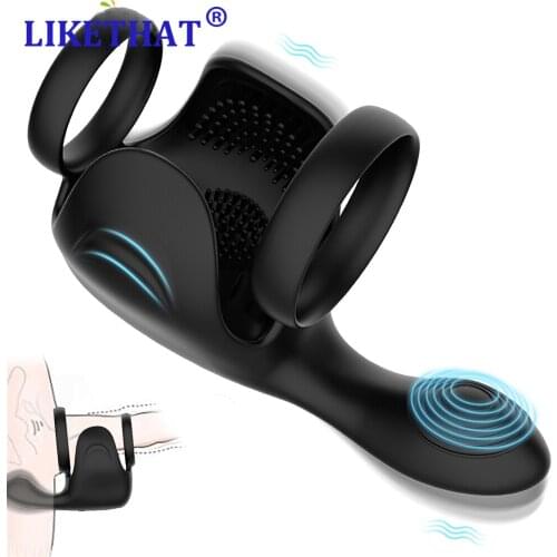 Vibrating Dual Penis Ring Scrotum prostate Massager Male Chastity Testicle Bondage Delayed ejaculation Vibrator Sex Toys for Men