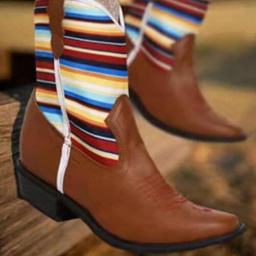 Fashion winter color matching pointed snow stitching calf middle tube thick bottom slope heel casual plus size women boots 35-43