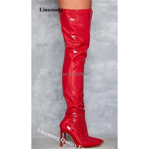 Women Sexy Slim Style Pointed Toe Red Patent Leather Over Knee Stiletto Heel Boots Back Zipper-up Shining Long High Heel Boots