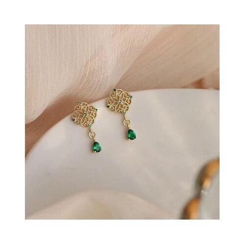 Women Green Crystal Earrings Vintage Lace Earrings Temperament Elegant Ethnic Style Fashion Jewelry Wholesale