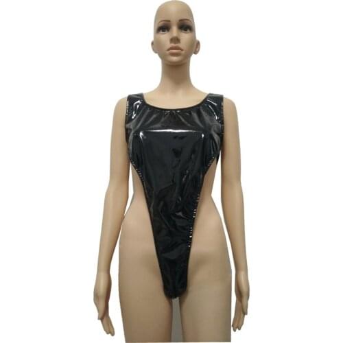 Womens girls Shiny PVC fake leather High cut Bikini wetlook One Piece Swimsuit Bathing bodysuit tight with crotch zipper