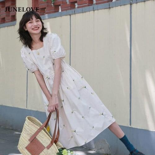 JuneLove Elegant Midi Dresses Summer 2021 Ladies Korean Chic Sweet Casual Dress Japanese Embroidery Short Sleeve Fairycore Dress