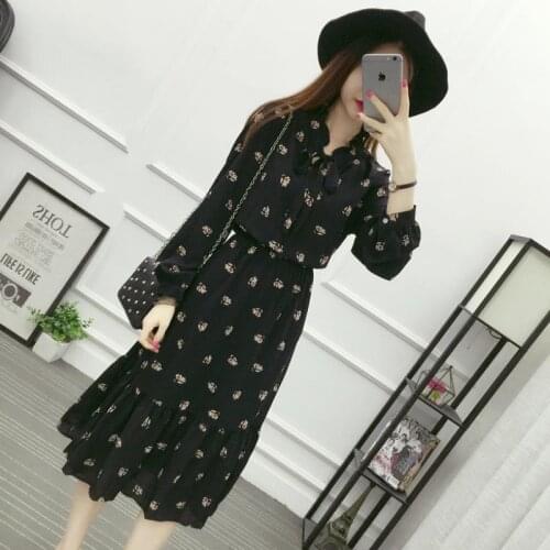 Women Spring Autumn Floral Printed Dress Vintage One-piece Long Dress Vestidos Korean A-Line Elegant Slim Fit Bow Tie Collar New