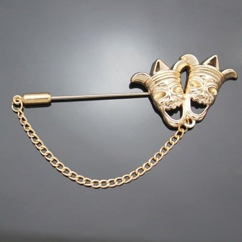 Mardi Gras Gold Clown Mask Halloween Chain Lapel Stick Brooch Tie Scarf Stick Pin Men Jewelry