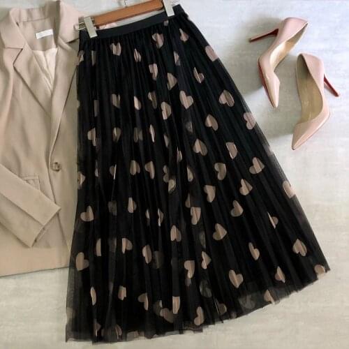 2021 New Arrival Women Midi Skirt Heart Printing Dots Sweet Girl Mesh Skirts High Waist Tulle Long Skirts Korean Style A-line